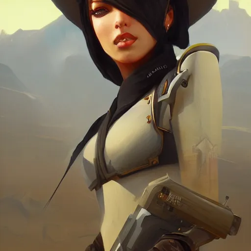 Image similar to very detailed masterpiece painting of ashe from overwatch in a desert, portrait, artstation, concept art by greg rutkowski