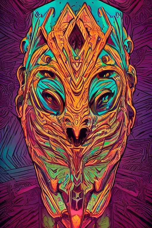 Image similar to totem animal tribal chaman vodoo mask feather gemstone plant wood rock video game illustration vivid color borderlands by josan gonzales and dan mumford radiating a glowing aura