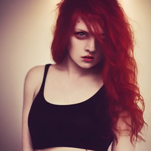 Prompt: beautiful irish lass ( model ) ( young ) with red wavy hair and piecing eyes, hourglass figure, soft flawless pale skin, wearing a black crop top photography dramatic dark lighting, hyperrealistic teen