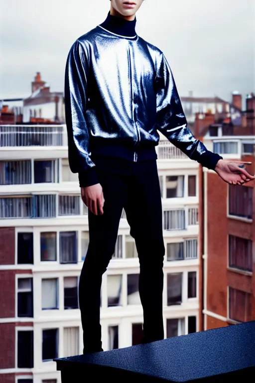 Image similar to un ultra high definition studio quality photographic art portrait of a young man standing on the rooftop of a british apartment building wearing soft padded silver pearlescent clothing. three point light. extremely detailed. golden ratio, ray tracing, volumetric light, shallow depth of field. set dressed.