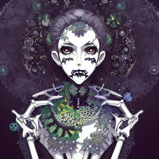 Image similar to surreal manga anime photo portrait of complex bio-mechanical beautiful young female skeletal cyborg with a Mandelbrot fractal steampunk metal fine lace face, retrofuturistic depressing, floral foliage super big lace collar, rococo, steampunk, 8k