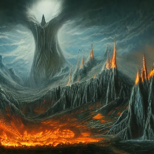 Image similar to Tolkien's The Silmarillion, morgoth attacking the valar, ultra detailed, matte painting, fire, water, earth, tree, army, epic, end of days, 8k