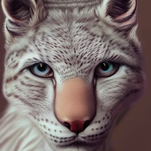 Prompt: beautiful realistic portrait of white anthropomorphic lynx by artgerm, furry fantasy art