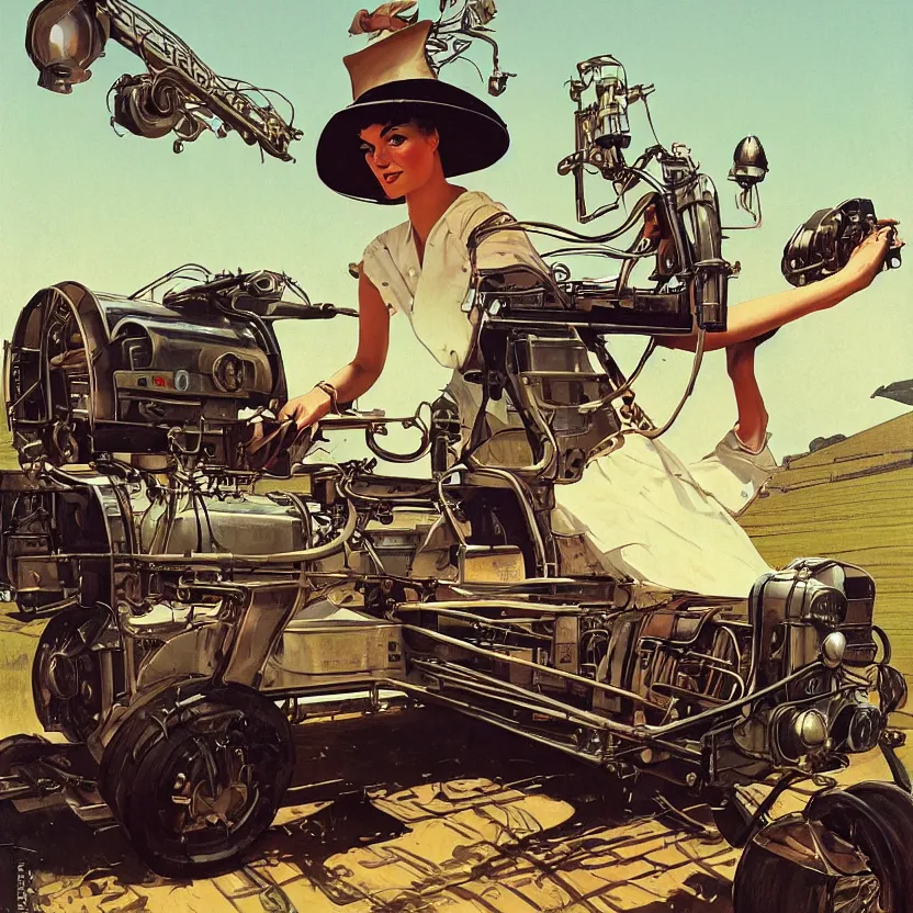 Image similar to a woman driving a flying steampunk retrofuturistic tractor on farm, by syd mead and norman rockwell. highly detailed digital art. retrofuturism. beautiful lighting. trending on artstation.