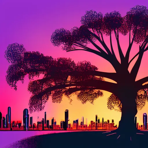 Prompt: synthwave, giant futuristic tree in the middle of the city, sunset, sharp, 4k, 2D