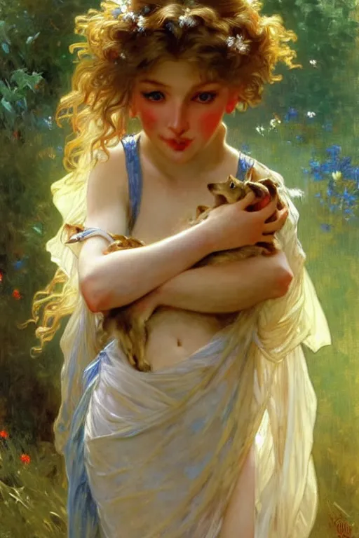 Image similar to a seven - year old with curly dirty blonde hair, blue eyes, tan skin playing with foxes, painting by daniel gerhartz, alphonse mucha, bouguereau, detailed art, artstation