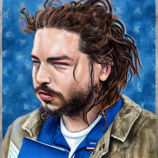 Image similar to a closeup photorealistic illustration of post malone delivering mail as american mail carrier with blue bag. fine detail. this 4 k hd image is trending on artstation, featured on behance, well - rendered, extra crisp, features intricate detail, epic composition and the style of unreal engine.