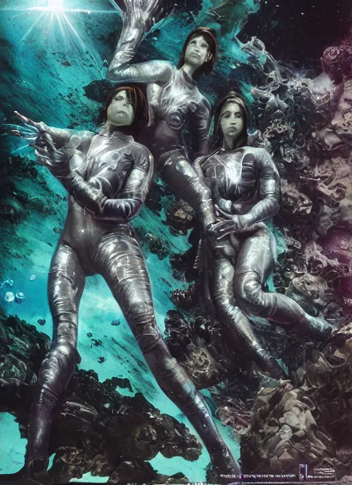 Prompt: astronauts girls in dark void underwater - complex and hyperdetailed technical suit design. reflection and dispersion materials. rays and dispersion of light. volumetric light. f / 3 2. noise film photo. flash photography. ultra realistic, 5 0 mm. poster by wayne barlowe, hajime sorayama aaron horkey, craig mullins