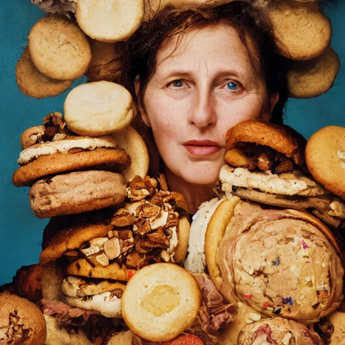 Image similar to closeup portrait of a woman drowning in cakes and cookies, by Annie Leibovitz and Steve McCurry, natural light, detailed face, CANON Eos C300, ƒ1.8, 35mm, 8K, medium-format print