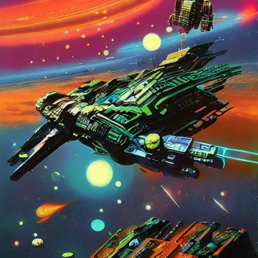 Image similar to eldritch, futuresynth by chris foss jaunty. a beautiful digital art of a space battle with wild, bright colors.