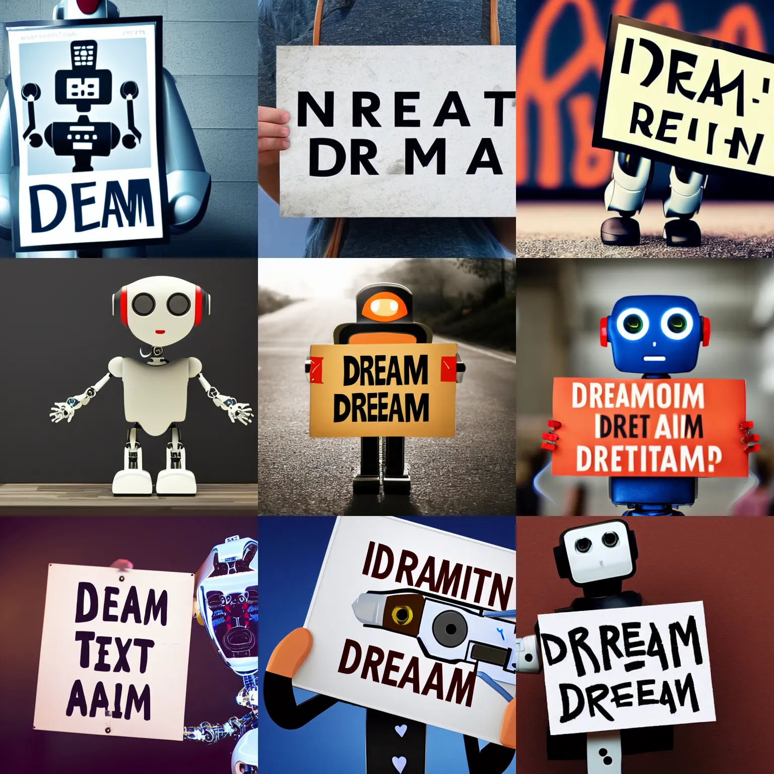 Image similar to photo of artificial intelligence robot holding a sign with text that reads : dream