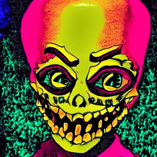 Image similar to horrifying creepypasta image, high contrast, saturated colors, creepy eyes and smile