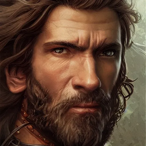 Prompt: portrait of a ruggedly handsome swordsman, soft hair, muscular, half body, leather, hairy, d & d, fantasy, intricate, elegant, highly detailed, digital painting, artstation, concept art, smooth, sharp focus, illustration, art by artgerm and greg rutkowski and alphonse mucha