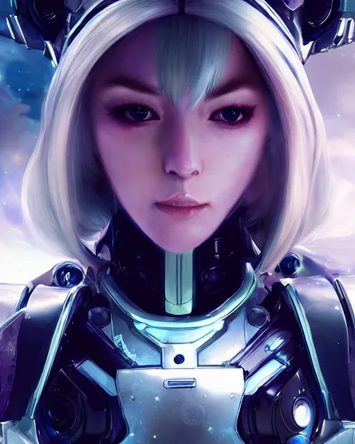 Image similar to perfect android girl on a mothership, warframe armor, beautiful face, scifi, futuristic, galaxy, nebula, raytracing, dreamy, long white hair, blue cyborg eyes, sharp focus, cinematic lighting, highly detailed, artstation, divine, by gauthier leblanc, kazuya takahashi, huifeng huang