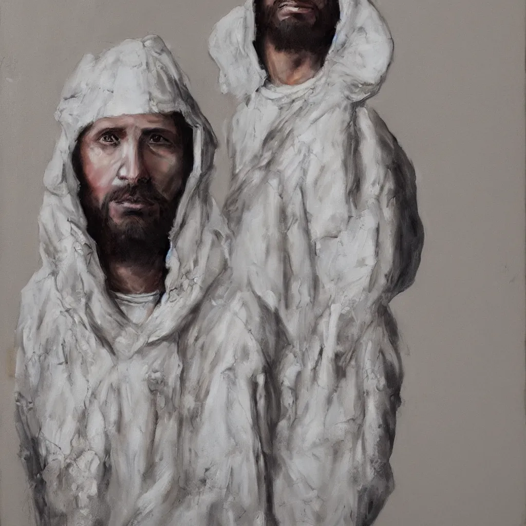 Image similar to a full body lookbook portrait of modern - day jesus wearing cream yeezy menswear collection by nicola samori, hat and hoodie, detailed, oil painting, hyper realistic, 8 k, yeezy collection