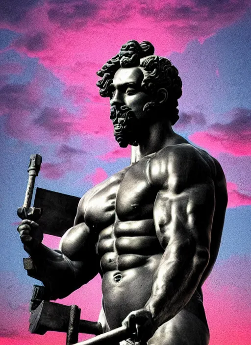 Prompt: black background, statue of hercules, beeple, vaporwave, retrowave, glitch, pixel sorting, strong contrast, pinterest, trending on artstation