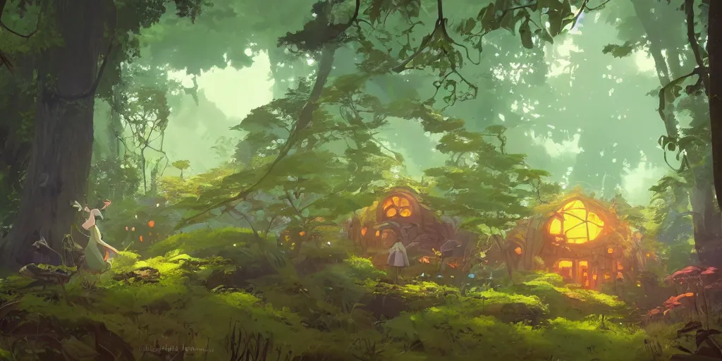 Image similar to magic hobbit mushrooms house in the woods, moss, lianna, jungles, by cory loftis & akihiko yoshida & james gilleard & atey ghailan & makoto shinkai & goro fujita & studio ghibli, rim light, exquisite lighting, clear focus, magic atmosphere, very coherent, plain background, soft painting