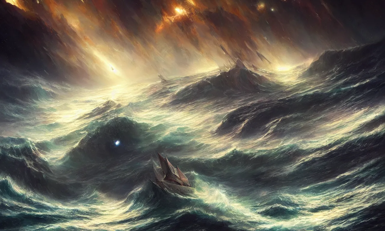 Prompt: a beautiful painting of a ship sailing across a violent tumultuous ocean made up of a galaxies and stars in the space by John Blanche and Greg Rutkowski, trending on Artstation, midjourney