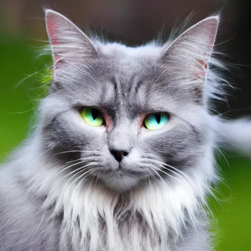 Image similar to long haired grey cat, bright vivid colors