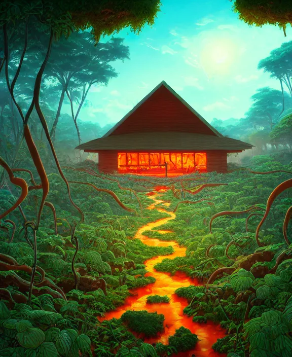 Image similar to simplicity, an simple schoolhouse made out of exotic fungus, overgrown with lush floral jungle, milky way, hellscape, hell, fire, brimstone, lava, by dan mumford, yusuke murata, makoto shinkai, ross tran, cinematic, unreal engine, cel shaded, featured on artstation, pixiv