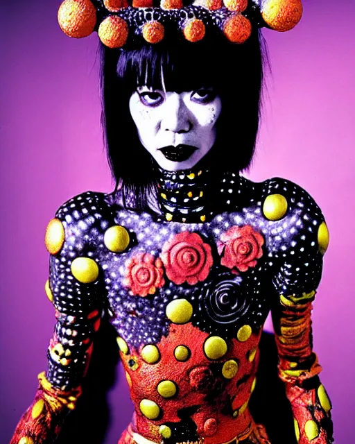 Image similar to portrait of a skinny punk goth yayoi kusama wearing armor by simon bisley, john blance, frank frazetta, fantasy, thief warrior, floral flowers colorful