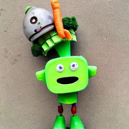 Image similar to little happy robot made of vegetables with big avocado hat and a carrot sword, made in abyss style