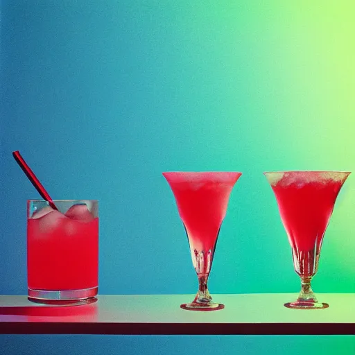 Prompt: “studio photograph of a still live, 3 glasses with cocktails, bright colors, strong caustics, medium format camera”