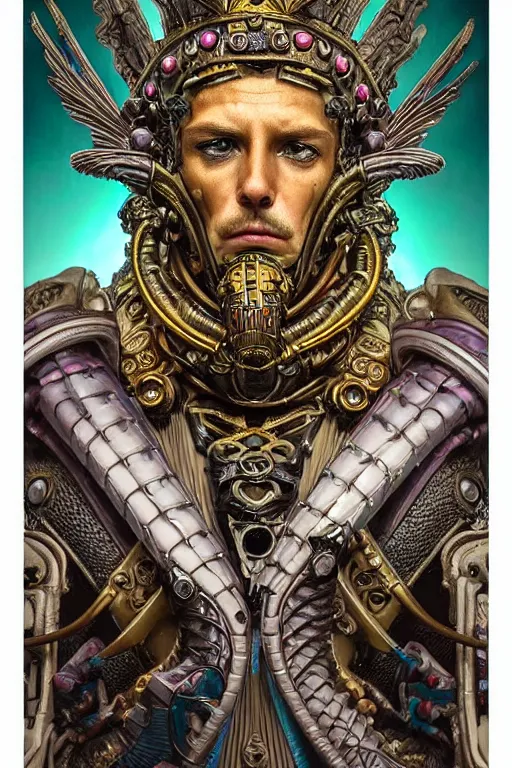 Image similar to a dramatic full-color art nouveau and ironpunk styled bust portrait of a godlike and stoic alien king, with strong judging eyes, extremely detailed, art nouveau cybenetic engraved armor and intricately detailed angel-winged crown of cosmic power, perfectly symmetrical facial structure and framework, handsome yet brutal alien facial features of ancient swarth, by simon bisley, michael kaluta and travis charest, dark sci-fantasy, deeply ornate complexity, male face and bust, human anatomy mixed with cosmic alien and cyborg characteristics, sci-fi character concept, photorealism, art nouveau framing, stunning lighting, hyperrealism, 8k