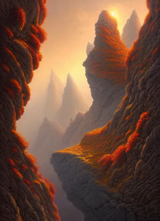 Image similar to autumn mornings in the low - poly cliffs of illusions, diffuse lighting, fantasy, intricate, surrealism!!!!, highly detailed, lifelike, photorealistic, digital painting, artstation, illustration, concept art, smooth, sharp focus, by greg rutkowski, chris tulloch mccabe, valentina remenar and asher duran,