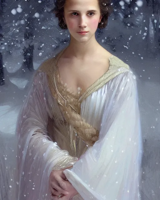 Image similar to a portrait painting of a shy, blushing 1 6 - year old alicia vikander or millie bobby brown as a princess of the ice and snow, in a snowy setting at night, intricate, elegant, highly detailed, artstation, concept art, by krenz cushart and donato giancola and william adolph bouguereau and alphonse mucha