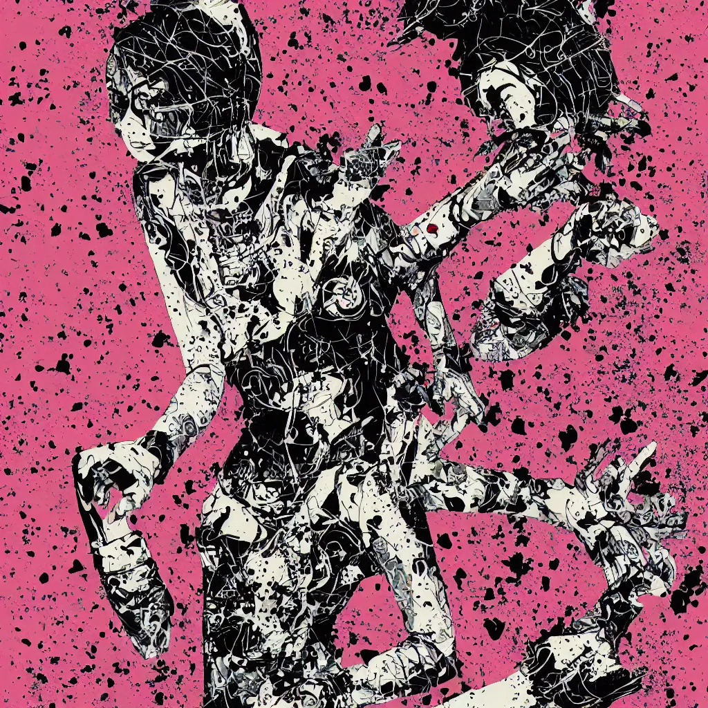 Image similar to girl figure, abstract, jet set radio artwork, ryuta ueda artwork, cryptic, rips, spots, asymmetry, stipple, lines, glitches, color tearing, pitch bending, stripes, dark, ominous, eerie, hearts, minimal, points, otomo katsuhiro artwork, technical, natsumi mukai artwrok, folds