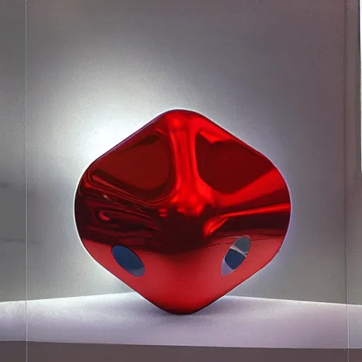 Prompt: chrome spheres on a red cube by raphael