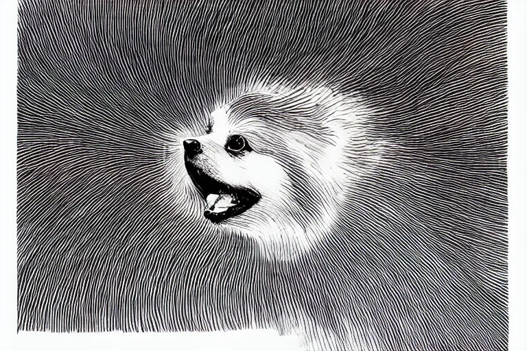 Prompt: pomeranian looking into a giant swirling black hole, black and white, botanical illustration, black ink on white paper, bold lines