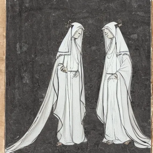 Prompt: a scene of two identical beautiful female priestesses standing face to face, in white veil, full of detail, subtle anime style