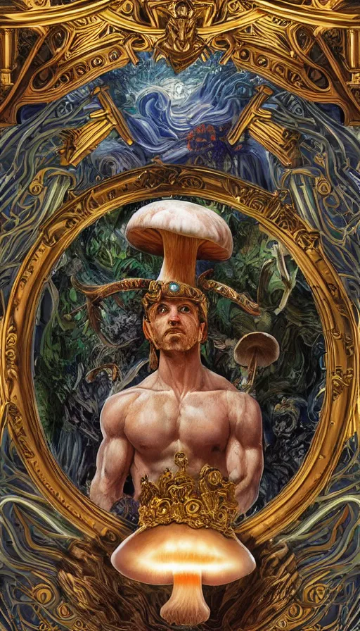 Image similar to a masterpiece hyperdetailed dnd tarot card, magnificent mushroom deity as depicted in a colossal greek marble statue ( with godlike bodybuilder physique ), hd tarot card depicting monumental statue of a dignified mushroom god with cute large mushroom hat, hdr, 8 k, artstationhq, digital art