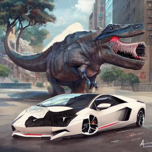 Image similar to lamborghini with dinosaur near a mc donald store, highly detailed, concept art, art by wlop and artgerm and greg rutkowski, masterpiece, trending on artstation, 8 k