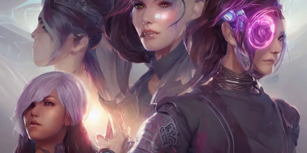 Image similar to concept art of young female netrunner d & d video game characters head designs, unique hair designs, by marc brunet and artgerm