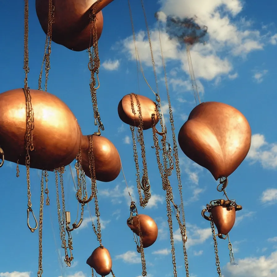 Image similar to beautiful blimps high in the sky, copper chains hanging from the edges, steampunk styled, golden hour, steam clouds, clouds, valves, award winning photography, highly detailed, low poly, extremely wide angle