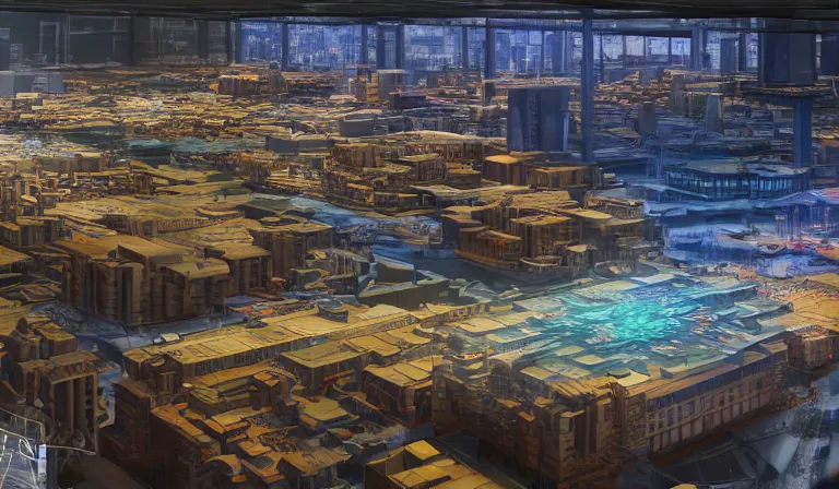 Image similar to large group people in open warehouse, looking at hologram of futuristic city on a table, cinematic concept art, godrays, godrays, golden hour, natural sunlight, 4 k, clear details, tabletop model buildings, center model buildings, hologram center, crane shot, crane shot, crane shot