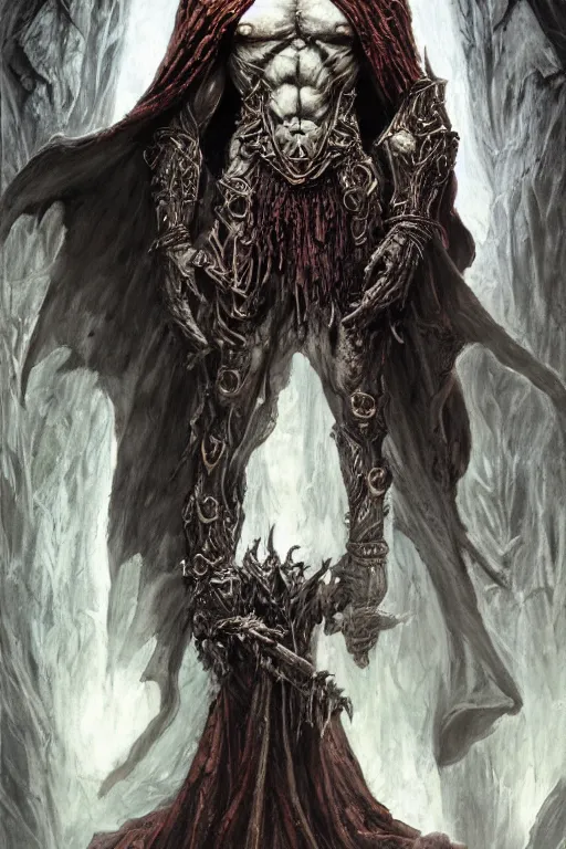 Prompt: portrait of hulking herculean ainz ooal gown undead, from overlord, warlock robes, upper body, fantasy, intricate, elegant, highly detailed, digital painting, artstation, concept art, sharp focus, illustration, art by luis royo, wayne barlowe, kirsi salonen, asya yoranova and alan lee