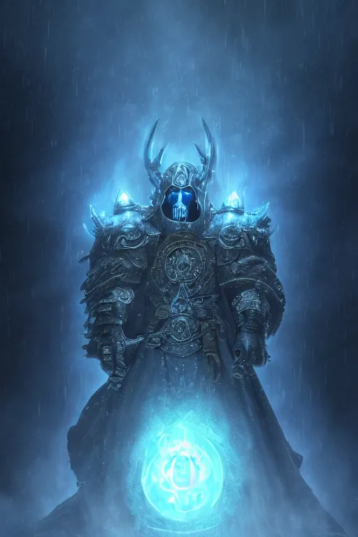 Prompt: lich king in blue, cold, throne, castel, alfonso mucha, Michael Whelan, golden ratio, occult, satanic, octane render epic wideangle, environment, gloomy,cinematic, smoke, volumetric lighting, atmosphere, unreal engine, realistic, photorealistic, 8k octanerender. hyper detail