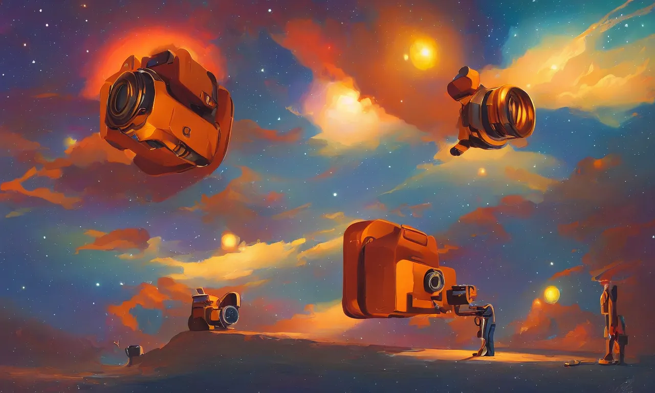 Prompt: A beautiful painting of a camera floating among stars, by RHADS, trending on Artstation