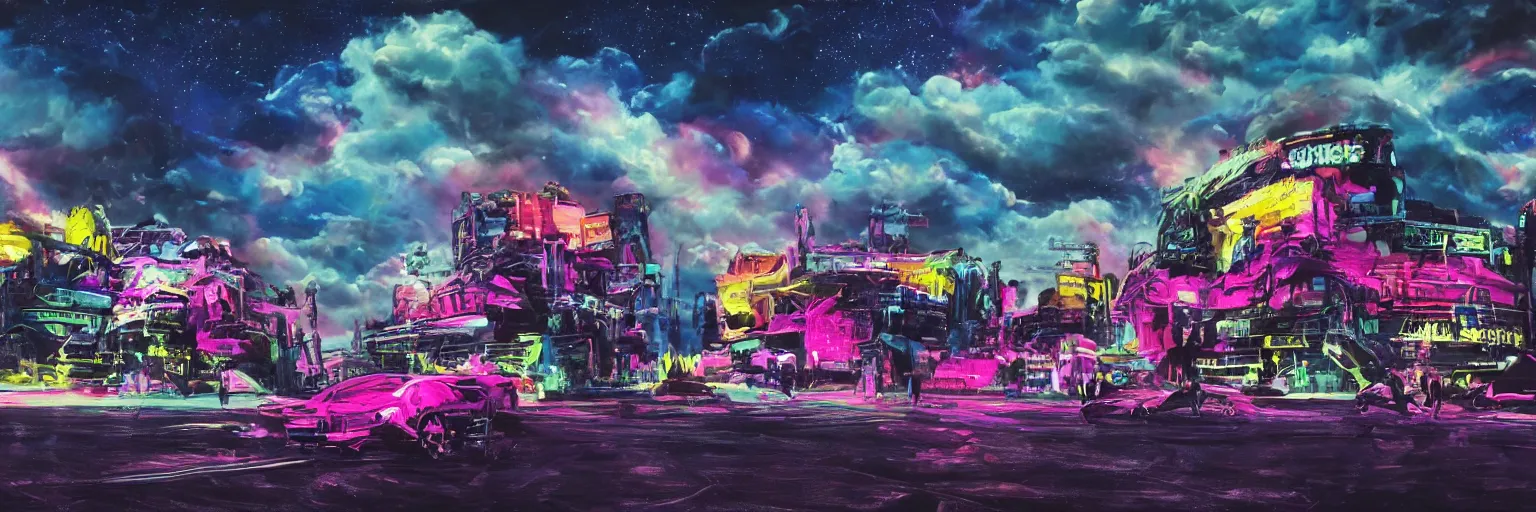 Image similar to oil painting, the middle view, spase dogs and punks running with neon mohawks, space, dark, stars, pink, pirate neon ship with punks on board, neon, rich deep colors masterpiece, ultra detailed, contrast, lots of roman arches, clouds, sky, volumetric light, atmospheric lighting, dramatic, cinematic, moody, octane render 4 k, 8 k