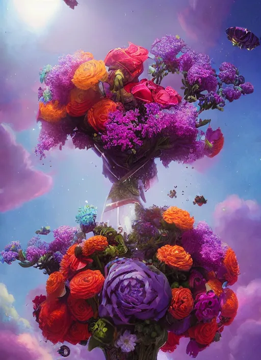 Image similar to An epic fantastic realism comic book style painting of the most beautiful flowers launched into space, bouquets, fisheye lens, unreal 5, DAZ, hyperrealistic, octane render, by Rachel Ruysch, dynamic lighting