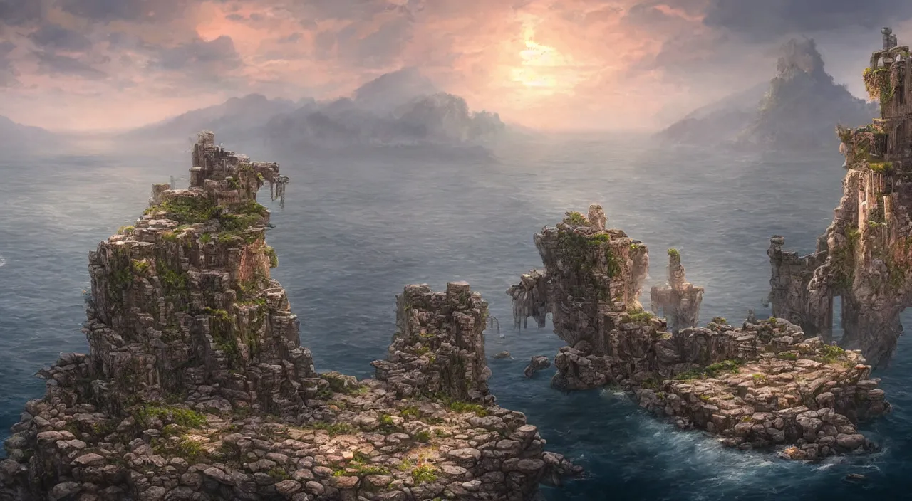 Image similar to hyper realistic detailed matte painting of stone tower ruins on a rocky cliff, calm foggy sea in the background, sunset lighting, hyperdetailed unreal engine 8 k ultra hd, stanley artgerm lau, rossdraws, james jean marc simonetti ruan jia and mandy jurgens and artgerm and william illustration, digital art, concept art