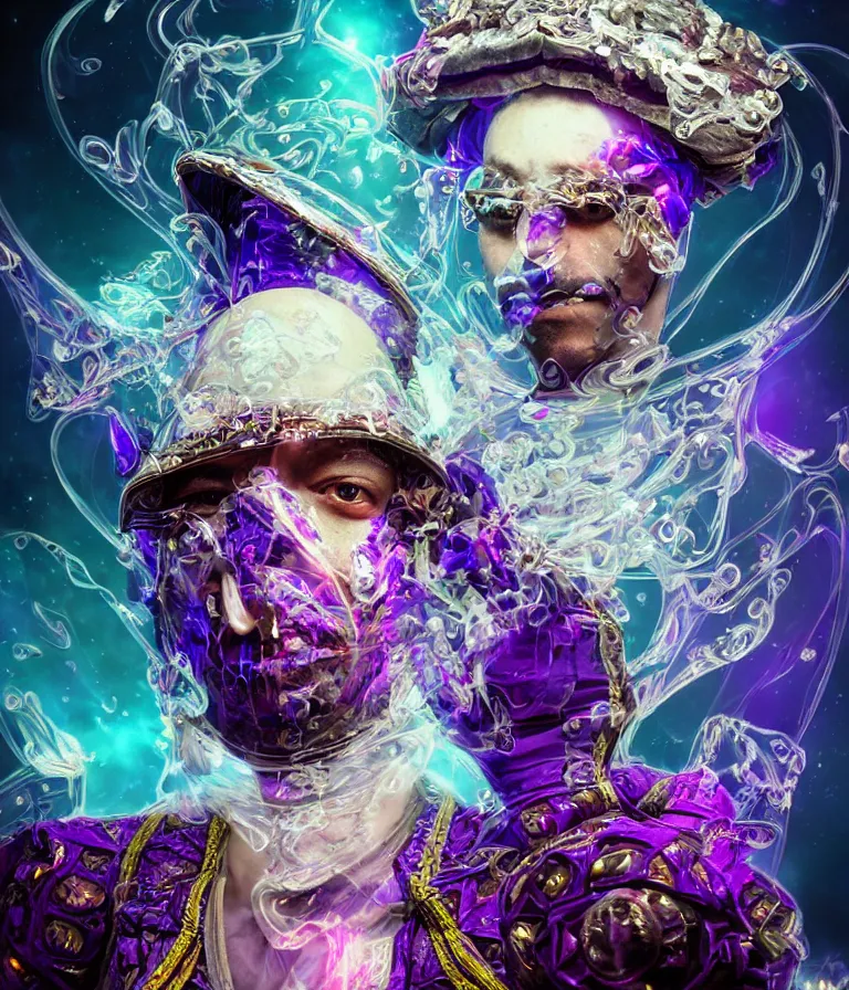 Prompt: impressive sublime front!! shot photo of a court jester character fine portrait fine portrait mesmerizing fractal hyper cubes platinum cracked dark future hyper dimensional space galactic crystal nebula edges elegant detailed intricate concept artstation sharp focus ray tracing cinematic masterpiece temporal corruption beeple wlop germ 8 4 k scifi glossy hyper realistic illustration canon eos r 3 fujifilm x - t 3 0 sony alpha a 6 6 0 0