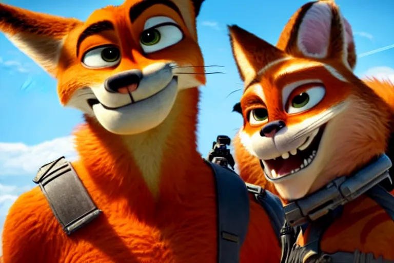 Image similar to nick wilde ( from zootopia ), heavily armed and armored facing down armageddon in a dark and gritty reboot from the makers of mad max : fury road