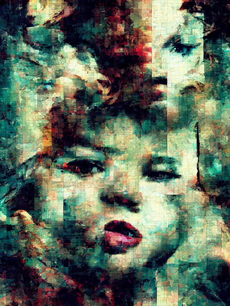 Image similar to a beautiful collage by patrick bremer of a girl portrait in a glitched bathroom, pixel sorting, color bleeding, brushstrokes by jeremy mann