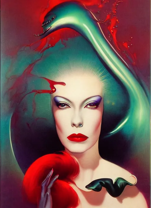 Image similar to an 8 0 s portrait of a woman with dark eye - shadow and red lips with dark slicked back hair dreaming acid - fueled hallucinations by serge lutens, rolf armstrong, delphin enjolras, peter elson