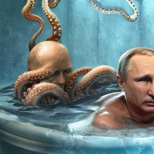 Image similar to vladimir putin, with octopus tentacles sitting in an old roman bathhouse